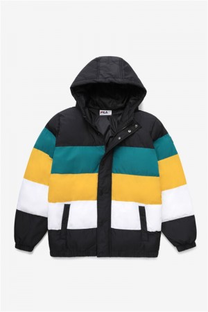 Black / Blue / Gold Men's Fila Giovanni Puffa Jackets | Saudi Arabia-879503