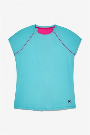 Blue / Pink / White Women's Fila Tie Breaker Short Sleeve Tops | Saudi Arabia-859734