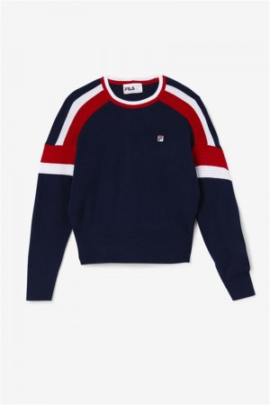 Navy / Red / White Women's Fila Frankie Knit Crew Tops | Saudi Arabia-207643