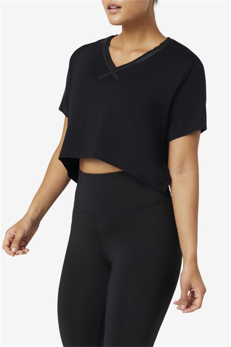 Black Women's Fila Fi-Lux High-Low Crop Tops | Saudi Arabia-793648