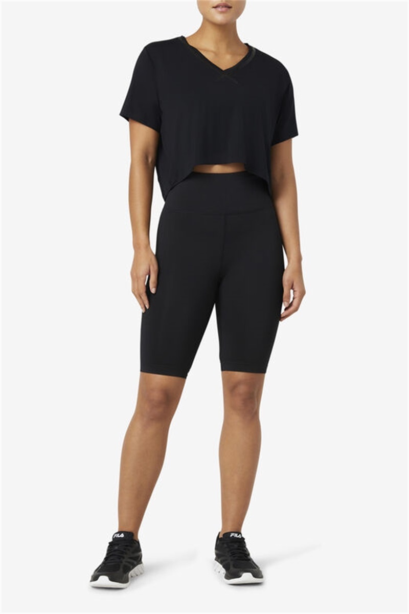 Black Women's Fila Fi-Lux High-Low Crop Tops | Saudi Arabia-793648