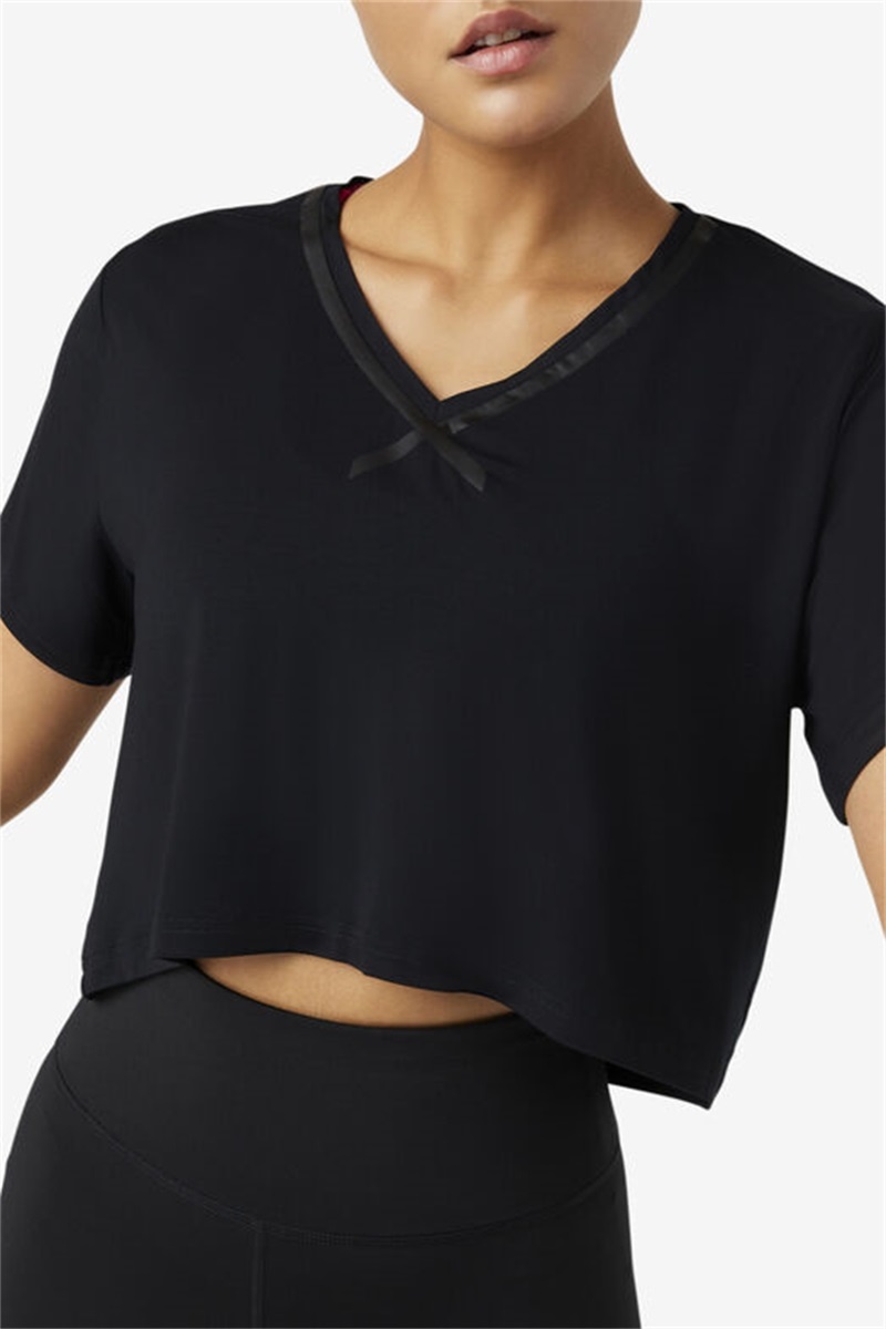 Black Women's Fila Fi-Lux High-Low Crop Tops | Saudi Arabia-793648