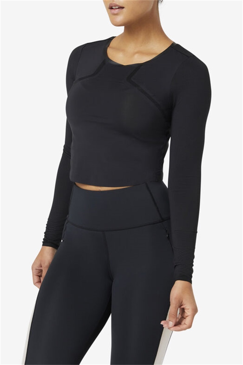 Black Women's Fila Uplift Long Sleeve Crop Tops | Saudi Arabia-159642