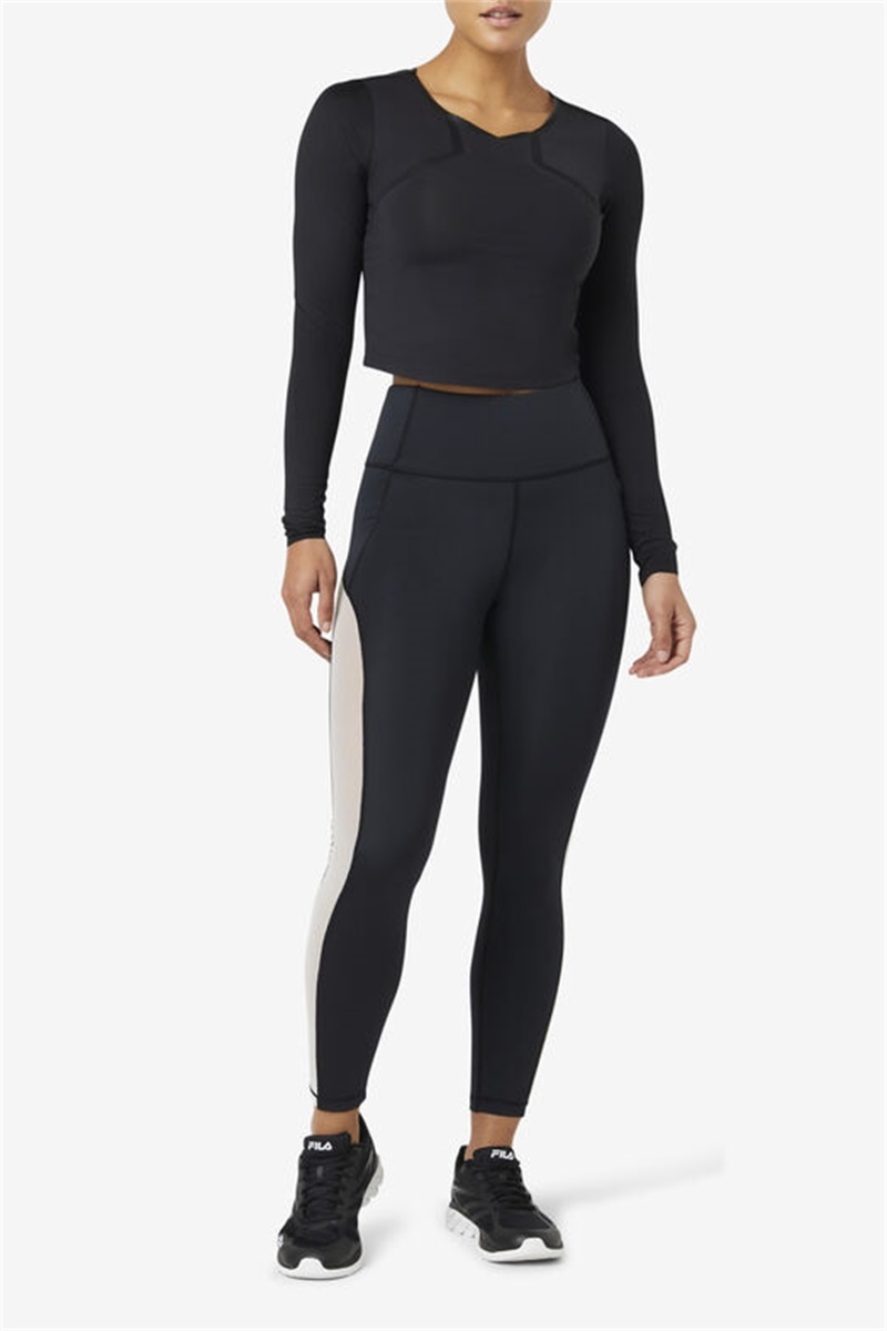 Black Women's Fila Uplift Long Sleeve Crop Tops | Saudi Arabia-159642