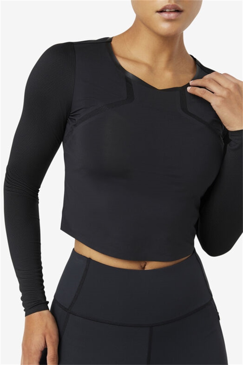 Black Women's Fila Uplift Long Sleeve Crop Tops | Saudi Arabia-159642