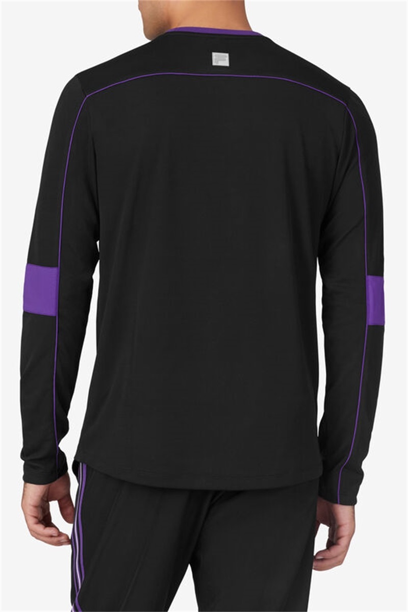 Black / Royal Purple Men's Fila Back Spin Long Sleeve Crew Shirts | Saudi Arabia-347615