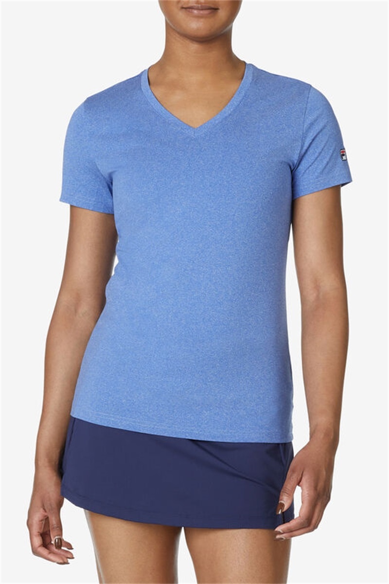 Blue Women's Fila Short Sleeve V-Neck Tops | Saudi Arabia-368549