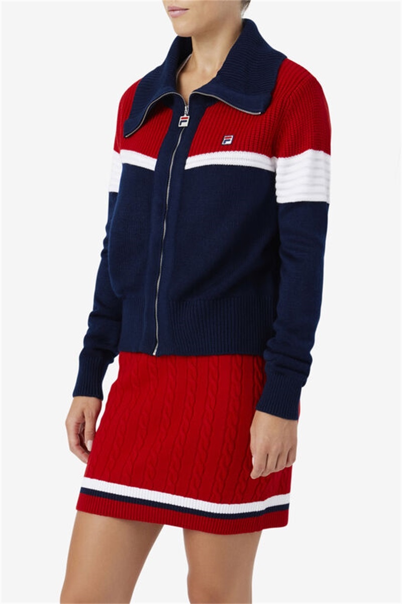 Navy / Red / White Women's Fila Jill Cardigan Sweatshirts | Saudi Arabia-750482