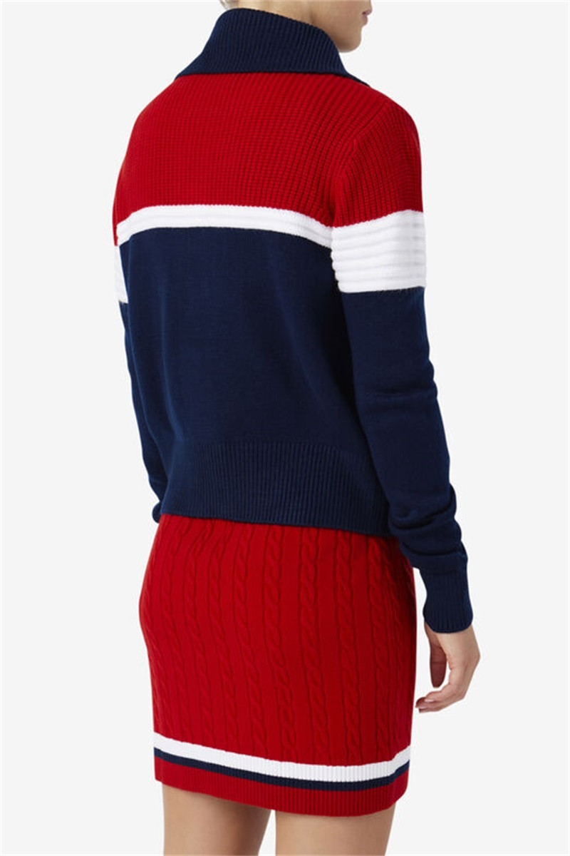 Navy / Red / White Women's Fila Jill Cardigan Sweatshirts | Saudi Arabia-750482