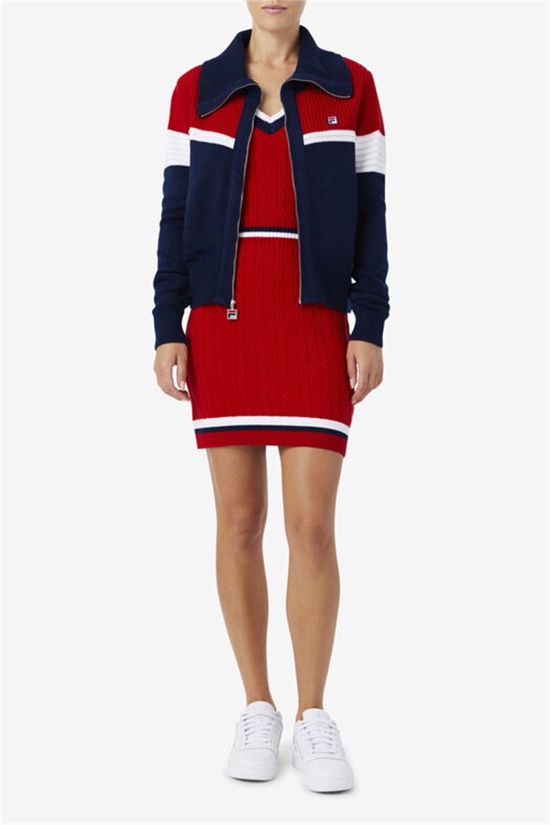 Navy / Red / White Women's Fila Jill Cardigan Sweatshirts | Saudi Arabia-750482