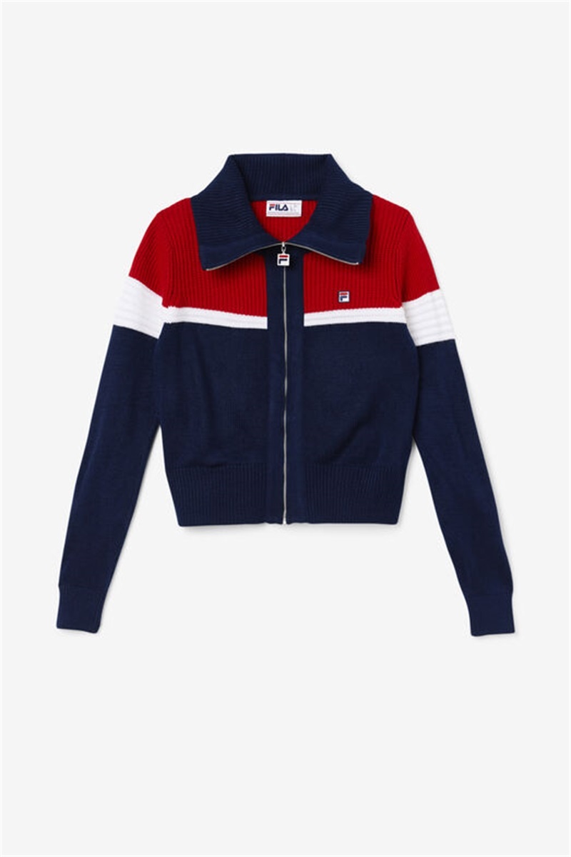 Navy / Red / White Women\'s Fila Jill Cardigan Sweatshirts | Saudi Arabia-750482