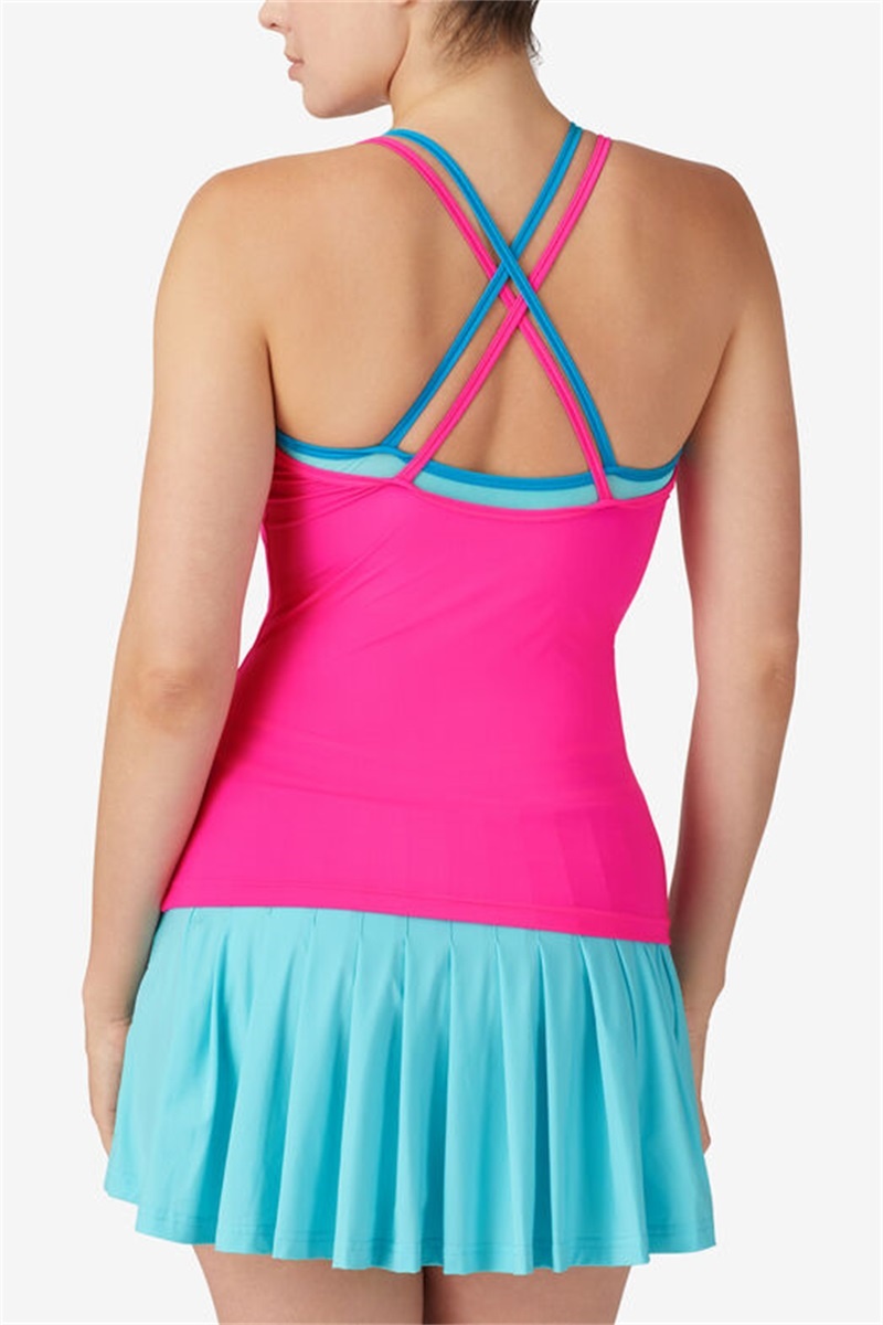 Pink / Blue Women's Fila Tie Breaker Strappy Cami Tanks | Saudi Arabia-903845