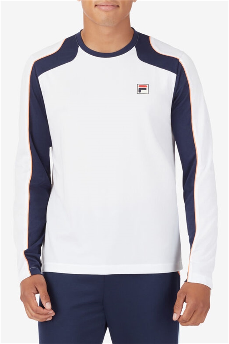 White / Navy / Blue Men's Fila Solar Power Long Sleeve Crew Shirts | Saudi Arabia-203641